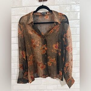 Silk Blended Floral Sheer Fabric Women's Long Sleeve Blouse Size 12 #1947